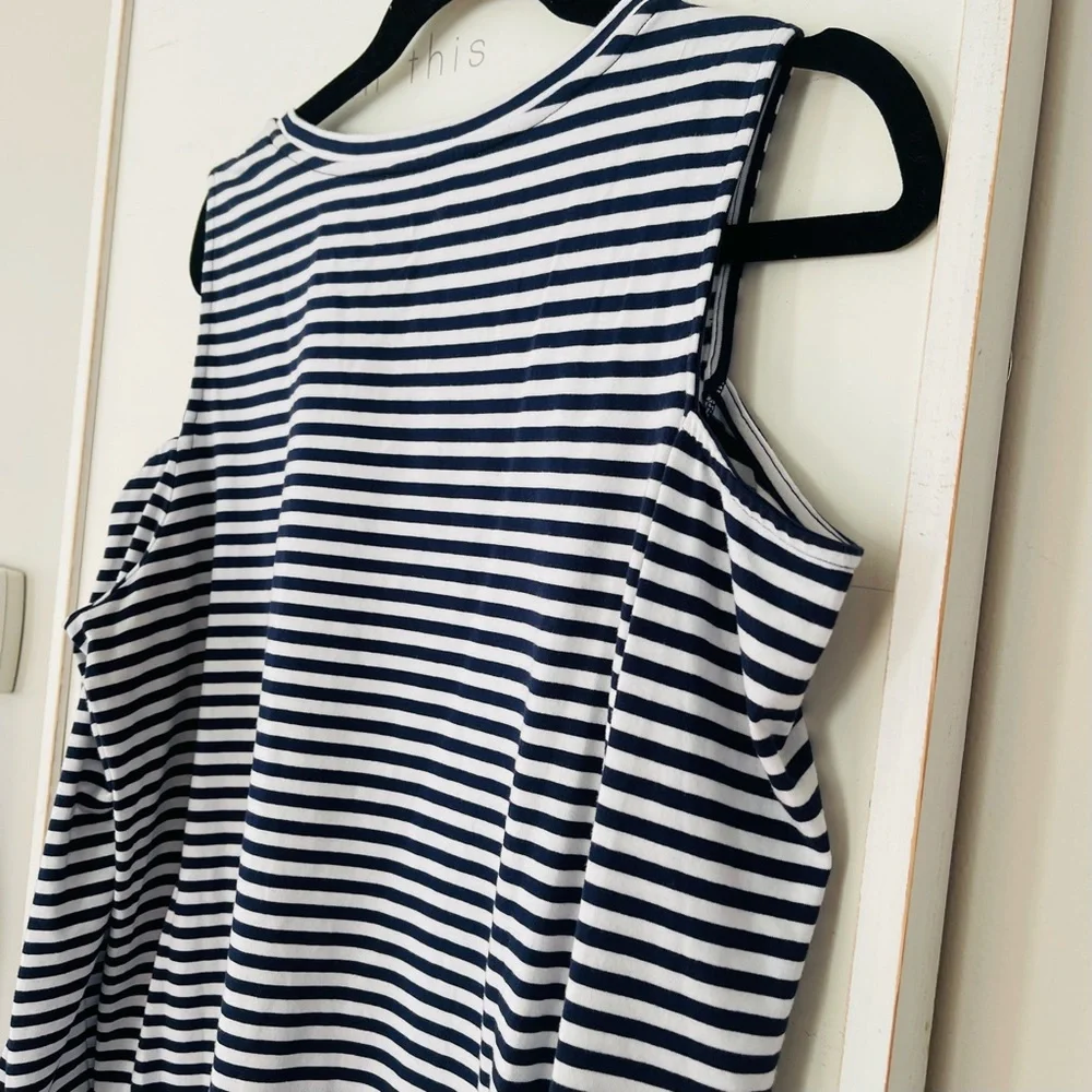 MICHAEL KORS Off Shoulder Navy Blue And White Striped Logo Studded Dress…